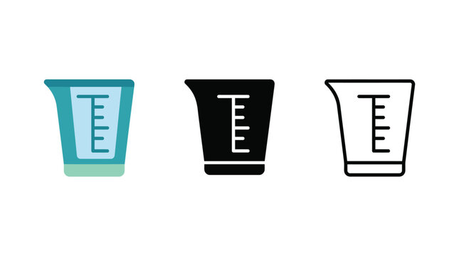 Laboratory measuring cup icon set featuring colored flat style silhouette and outline art.