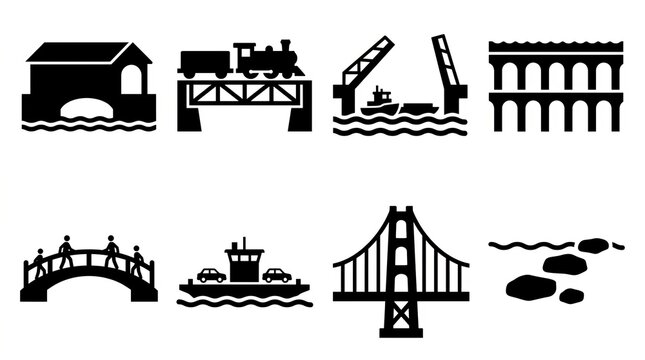 Collection of diverse bridge icons symbolizing connection and travel