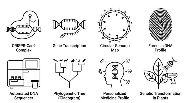 Icons representing genetic research concepts like DNA sequencing and gene editing.