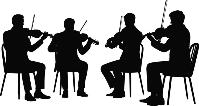 Four violinists playing violins while sitting on chairs silhouette musicians orchestra