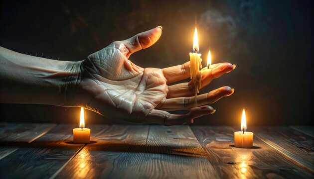 Human hand with elegant fingers holding flickering candles casting warm light on wooden surface