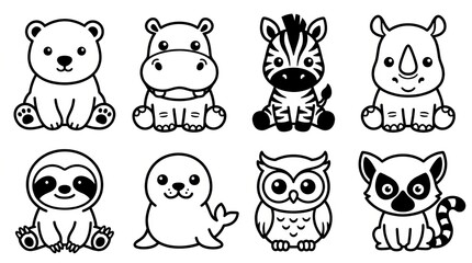 Fototapeta premium Collection of adorable cartoon animals, including a polar bear, hippo, zebra, and rhino.