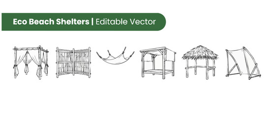 Fototapeta premium Eco beach shelter vector icons set featuring hand drawn bamboo cabana, tropical straw hut, hammock, resort canopy gazebo, and simple outdoor sun shade tents for summer backyard design illustration.