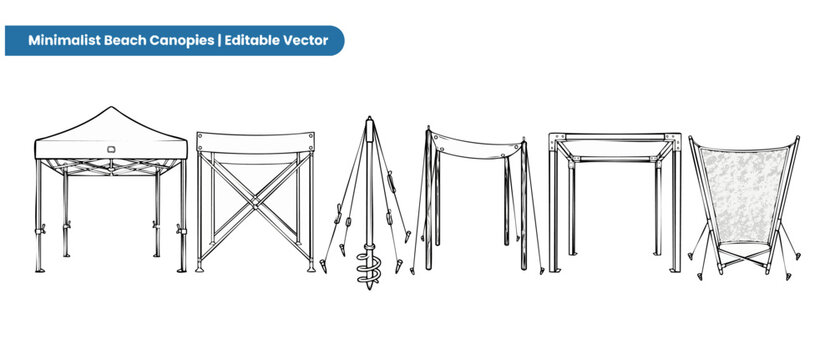 Minimalist beach canopy vector set featuring outline drawings of various sun shelter tents, shade sails, anchors, and windbreaks for summer outdoor camping style recreation placed on white background.