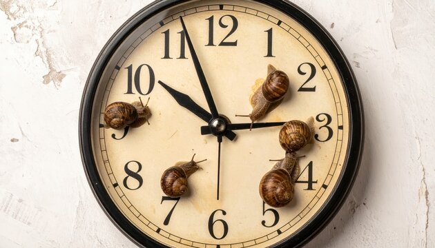 Live Snails Crawling Around a Vintage Clock Face Representing Slow Time Passage