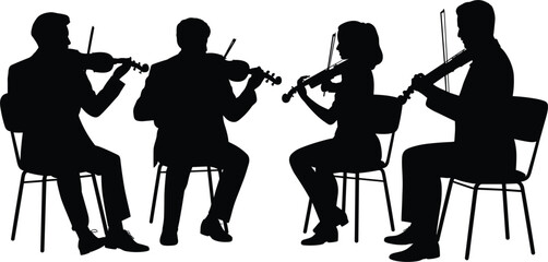 Silhouette of a string quartet playing violins while seated on chairs on a white background musicians © Ariful