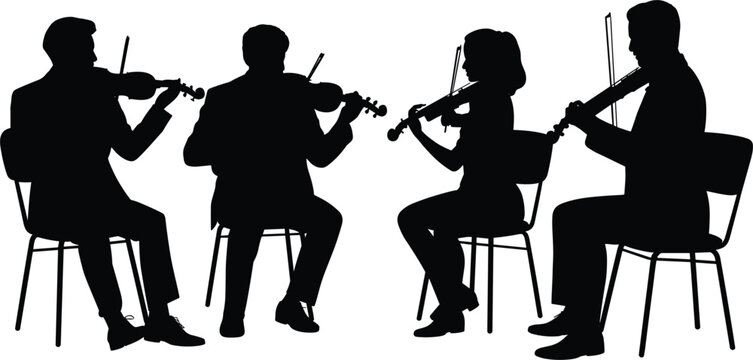 Silhouette of a string quartet playing violins while seated on chairs on a white background musicians