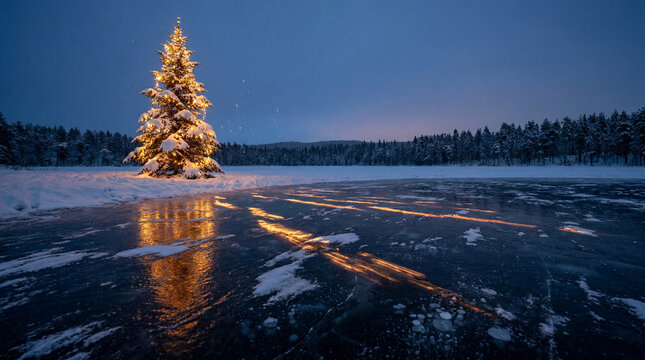 Illuminated Christmas tree reflected on frozen lake at winter dusk