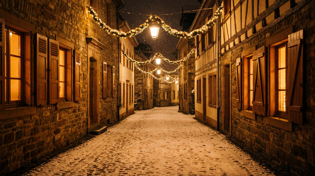 Snow-covered historic street with Christmas garlands and glowing lanterns
