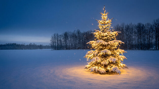 Illuminated Christmas tree in snowy field at blue winter dusk