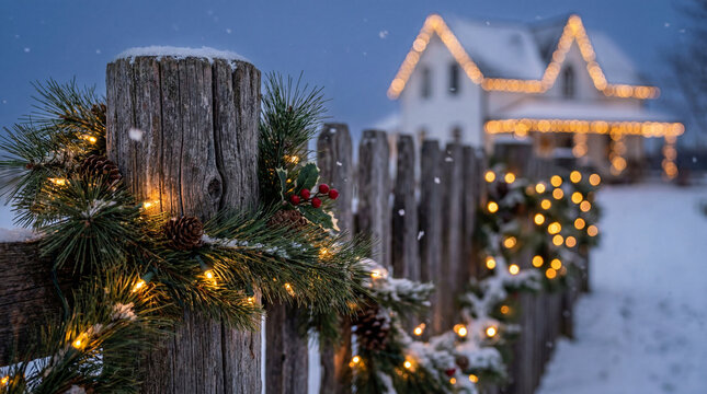 Christmas garland on rustic fence with illuminated house in snowy evening
