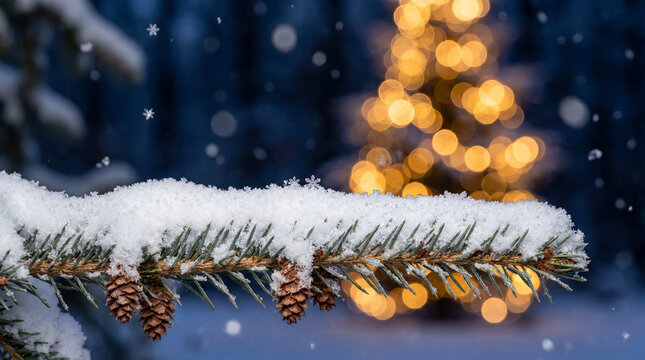 Snow-covered pine branch with cones and Christmas tree lights in background