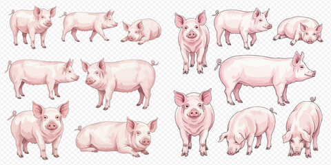 Collection of various pink pigs and piglets in different poses, including standing, lying, and eating. © Ytaja