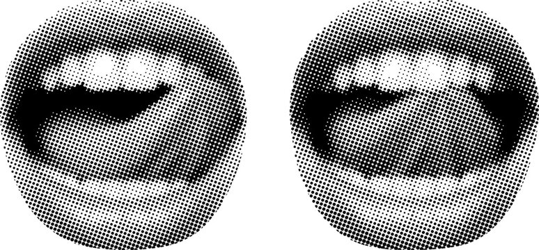 Open human mouth with tongue licking upper teeth set with black and white halftone dot effect style oral care and anatomy concept isolated on white background