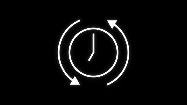 Glowing Neon Clock Icon with Counter Clockwise Spinning Arrows