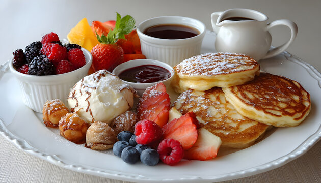 Plate with continental breakfast including fruit pancakes and dessert pieces