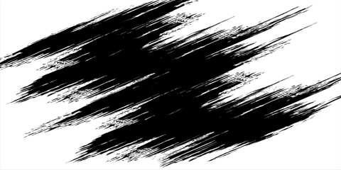 Black ink brush stroke texture with splatter effects on white background © BOHEXX