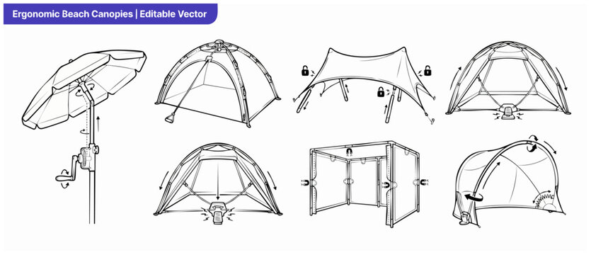 Beach canopy tent vector diagrams showing ergonomic beach umbrella adjustments, outdoor sun shelters, pop-up windbreak structures, and technical assembly line illustrations on white background.
