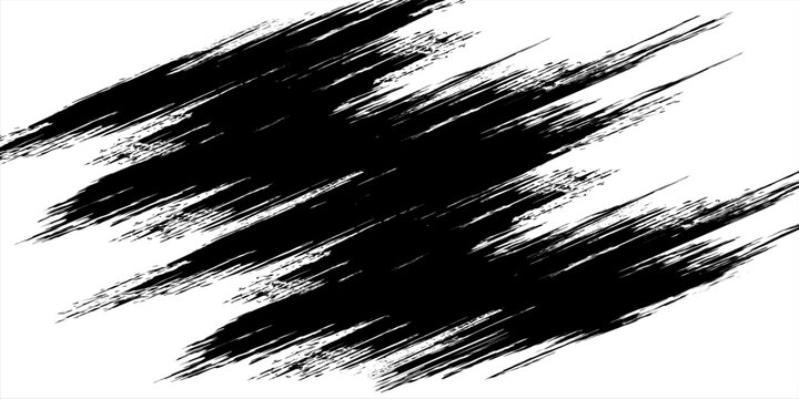 Black ink brush stroke texture with splatter effects on white background