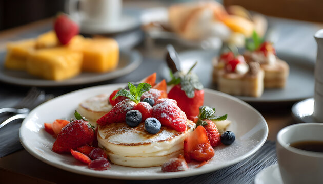Plate with continental breakfast including fruit pancakes and dessert pieces