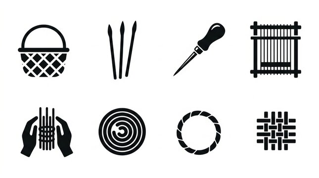 Collection of simple icons representing weaving and basketry crafts