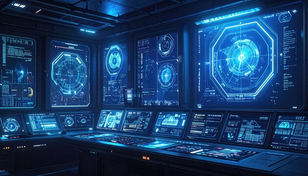 High-tech control room with numerous glowing blue sci-fi displays