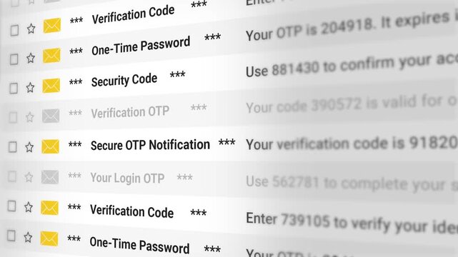 Secure OTP Notification Email Scrolling List. Login OTP, Verification Code, One Time Password, Security Code, Authentication Messages, Account Security, User Protection Updates. 4K 3D Video Animation