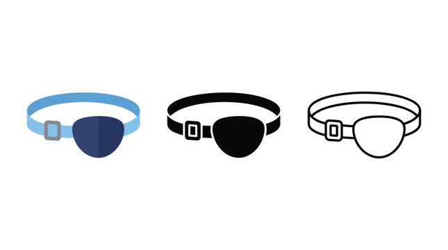 Set of eye patch icons in different styles flat black outline and colorful versions.