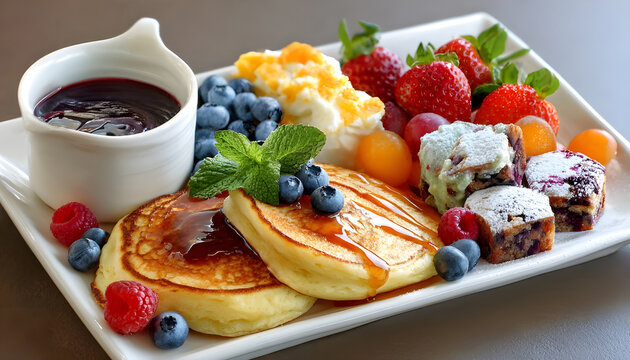 Plate with continental breakfast including fruit pancakes and dessert pieces