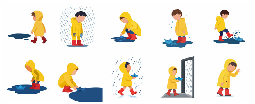 Little boy in yellow raincoat and red boots playing with paper boats in the rain set, character illustration collection