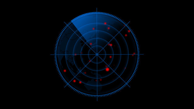High-tech military radar screen is scanning air traffic and sea area boats and ships with artificial intelligence alert with red dots