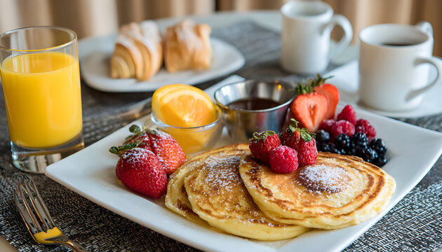 Plate with continental breakfast including fruit pancakes and dessert pieces