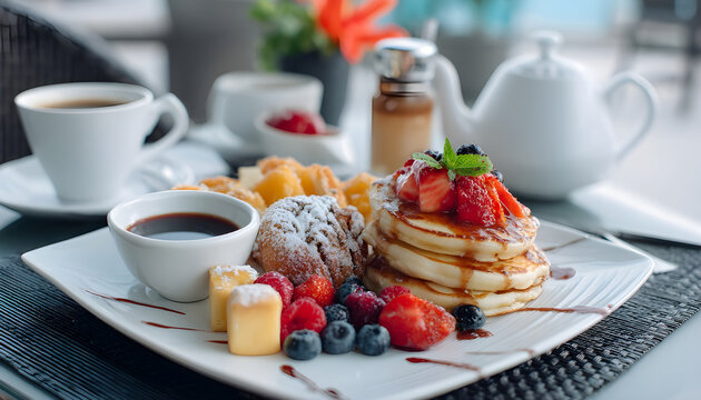 Plate with continental breakfast including fruit pancakes and dessert pieces