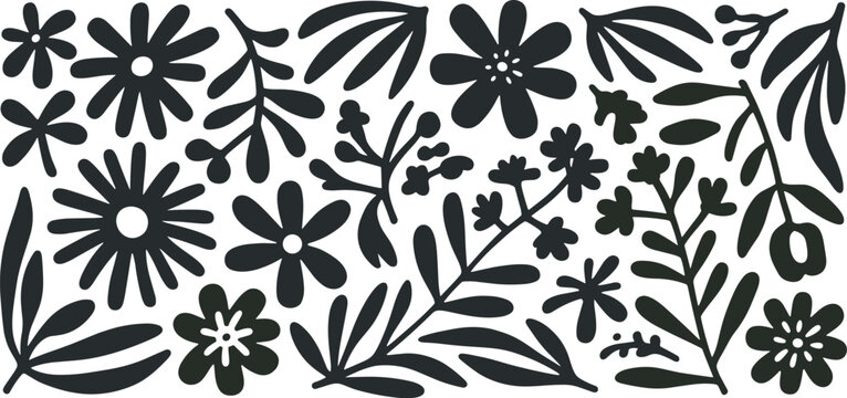 Black silhouette floral and leafy botanical pattern on white background