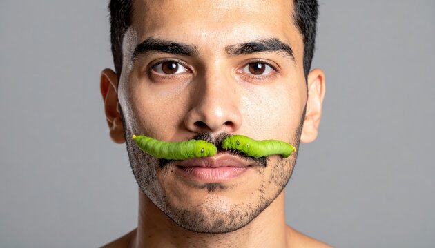 Man with a Creative Mustache Made of Two Vibrant Green Caterpillars on His Face