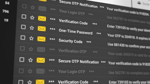 Secure OTP Notification Email Scrolling List on Dark Background. Login OTP, Verification Code, One Time Password, Security Code, Authentication Messages, Account Security. 4K 3D Video Animation