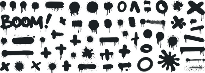 Collection of black spray paint splatter shapes and "boom!" text drip © Roy's Bibek