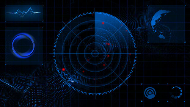 High-tech military radar screen is scanning air traffic and sea area boats and ships with artificial intelligence alert with red dots