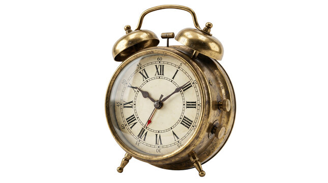 Antique metallic alarm clock featuring a weathered brass finish with elegant roman numerals on a vintage cream clock face isolated against a pure white background in a classic studio shot.