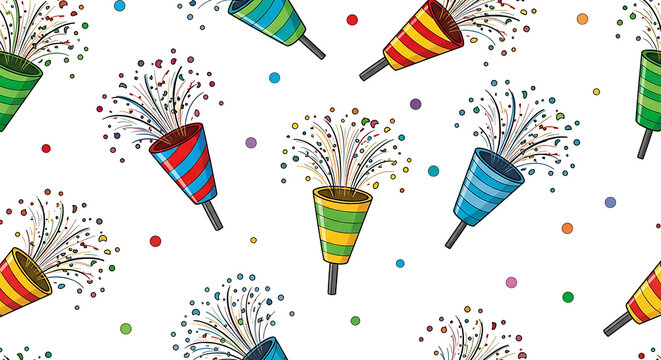 Vibrant seamless pattern featuring a celebratory exploding party popper with colorful dot and confetti. Hand drawn cartoon firecracker and petard for birthday holiday event vector illustration.
