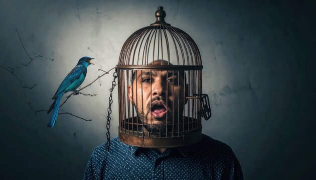 Man with birdcage for head, bluebird sings on branch, surreal conceptual art exploring themes of freedom and captivity