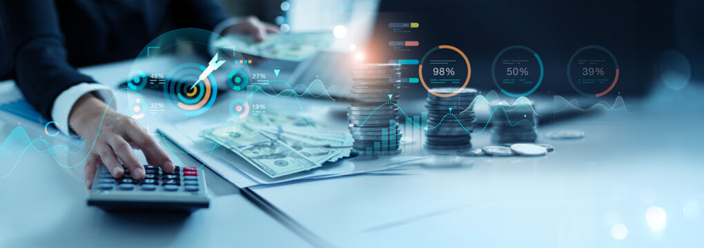 Business Woman using calculator calculate for finance, Online banking and payment, Graph Business growth and  profit, Target, Finance and banking networking, Strategy of financial, Digital marketing.
