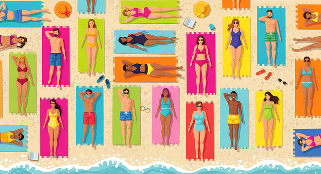 Vibrant seamless pattern of diverse people sunbathing on a sandy beach. Top view of men and women in swimsuits relaxing on colorful towels by the seashore during summer vacation. Vector illustration.