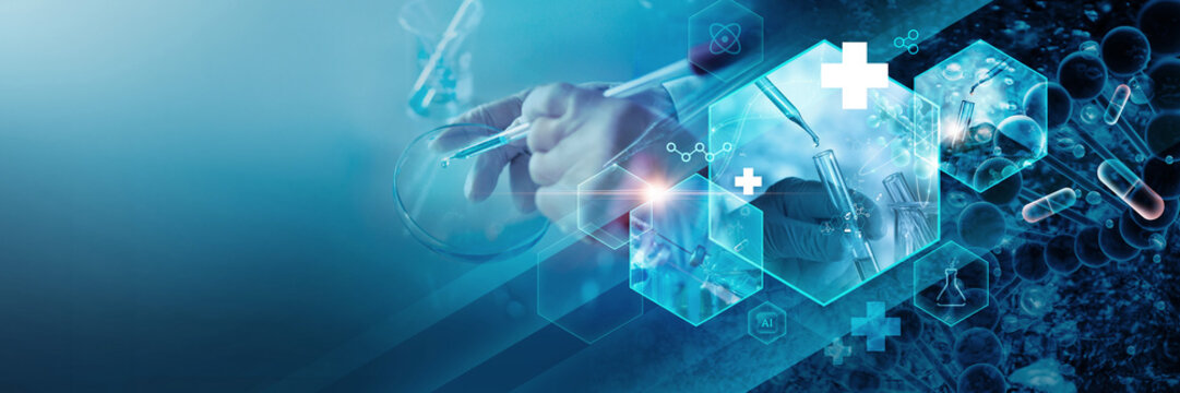 Scientists are experimenting Genetic research and Biotech science Human Biology and pharmaceutical technology on laboratory background. Medical science and biotechnology,  blue tone.