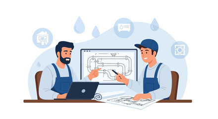 Fototapeta premium Plumbers Discussing Project Plan and Blueprint on Laptop, Vector Illustration