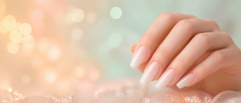 Elegant female hand with long, manicured nails displaying a soft ombre effect against a blurred pastel background with bokeh lights and subtle textures