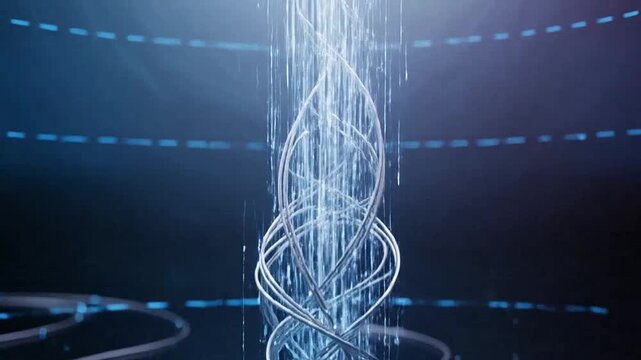 A glowing abstract structure of metallic wires emits bright light in a dark space