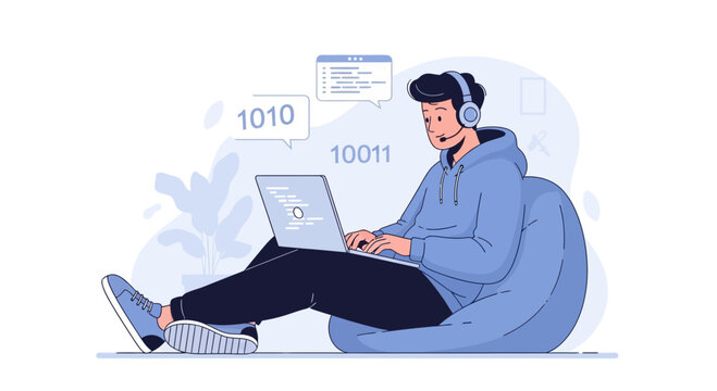 Programmer or coder working on a laptop, wearing headphones, with binary code and software development interface elements in background, flat design.