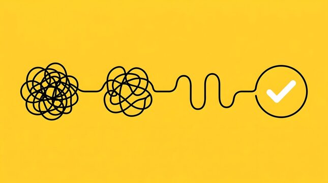Chaos to order concept with tangled scribbled line turning into a smooth path and a checkmark on a yellow background, representing problem solving