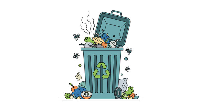 Overfilled green recycle bin full of trash with flies buzzing around and garbage piled on the ground on white background.